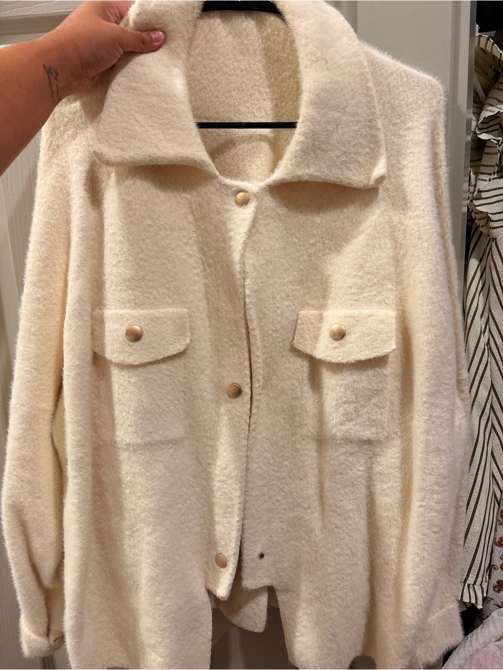 Cream Button-Front Teddy Shacket with Flap Pockets